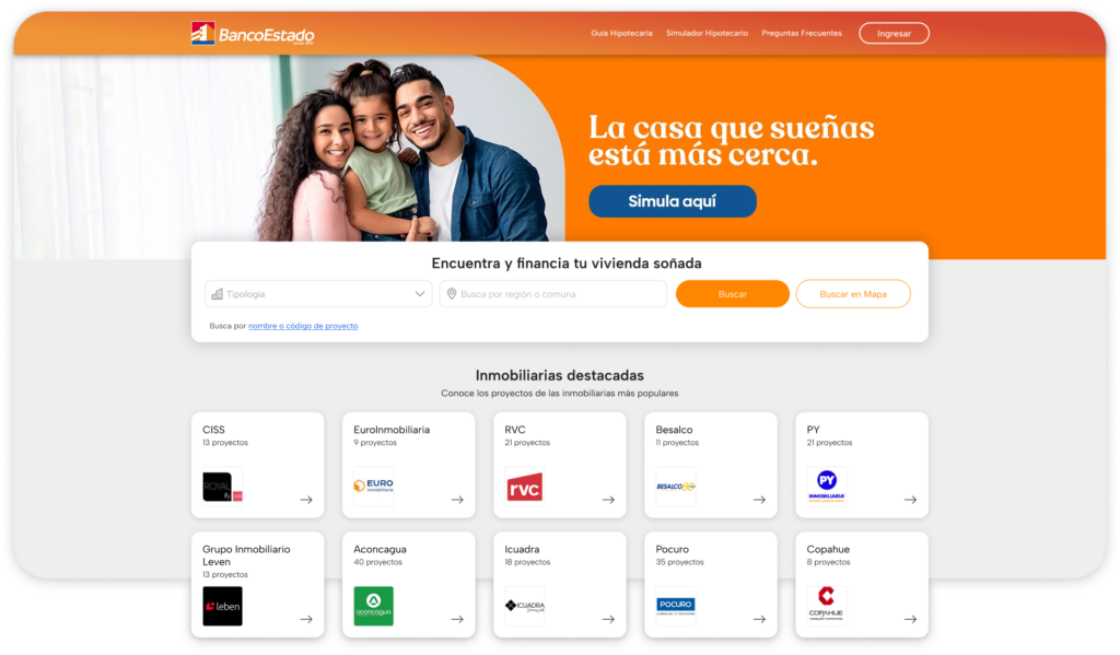 Vista del portal inmobiliario de BancoEstado como parte de la red de instituciones financieras aliadas a Enlace