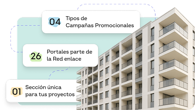 Edificio con etiquetas que destacan campañas promocionales, red de portales y sección exclusiva para proyectos