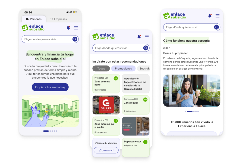 Vista móvil del portal Enlace Subsidio con funcionalidades para búsqueda de propiedades y recomendaciones personalizadas