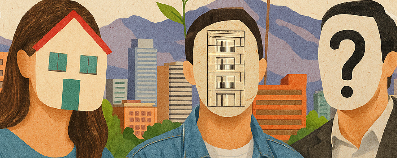 Ilustración de tres personas con rostros reemplazados por símbolos de vivienda y un signo de interrogación, representando la crisis habitacional en Chile.