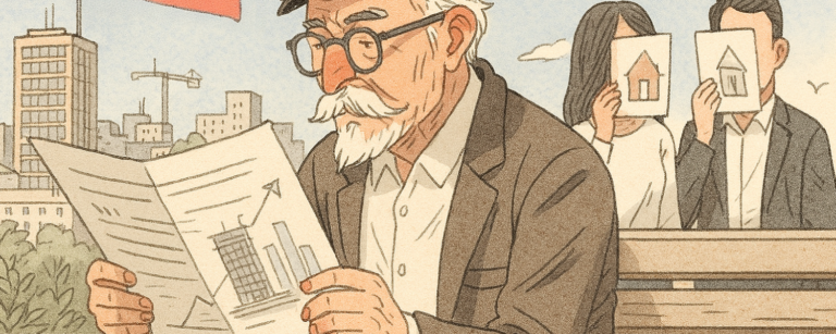 Ilustración de adulto mayor leyendo informe sobre vivienda, con dos personas detrás mostrando dibujos de casas.