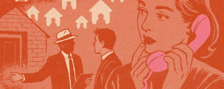 Ilustración retro de agentes inmobiliarios conversando mientras una mujer escucha por teléfono.