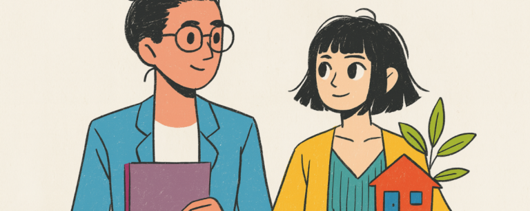 Ilustración de dos jóvenes conversando sobre la compra de una casa