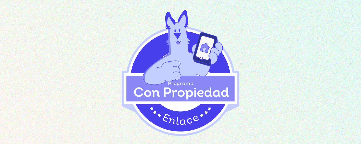 Ilustración del programa Con Propiedad de Enlace Inmobiliario con la mascota mostrando una casa en el celular.