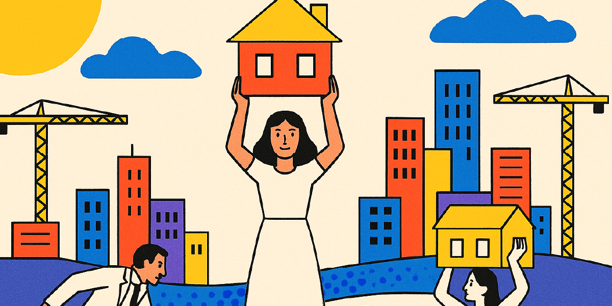 Ilustración de personas levantando casas en un entorno urbano
