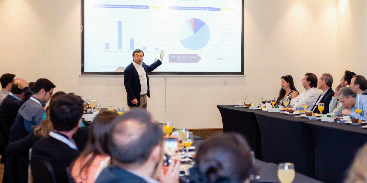 Presentación de resultados de mercado inmobiliario ante ejecutivos del sector, destacando datos de participación por rango de precio.