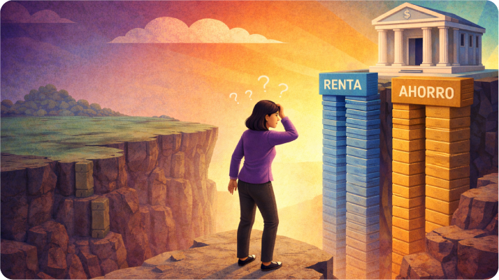 Mujer mirando dos torres que comparan renta y ahorro para comprar una vivienda, con un banco en la parte superior representando el financiamiento hipotecario.