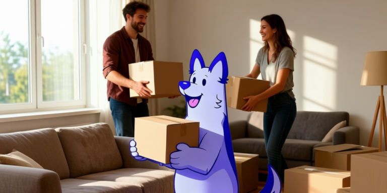 Pareja mudándose a su nueva casa con cajas mientras planifican su compra de vivienda con subsidio DS1