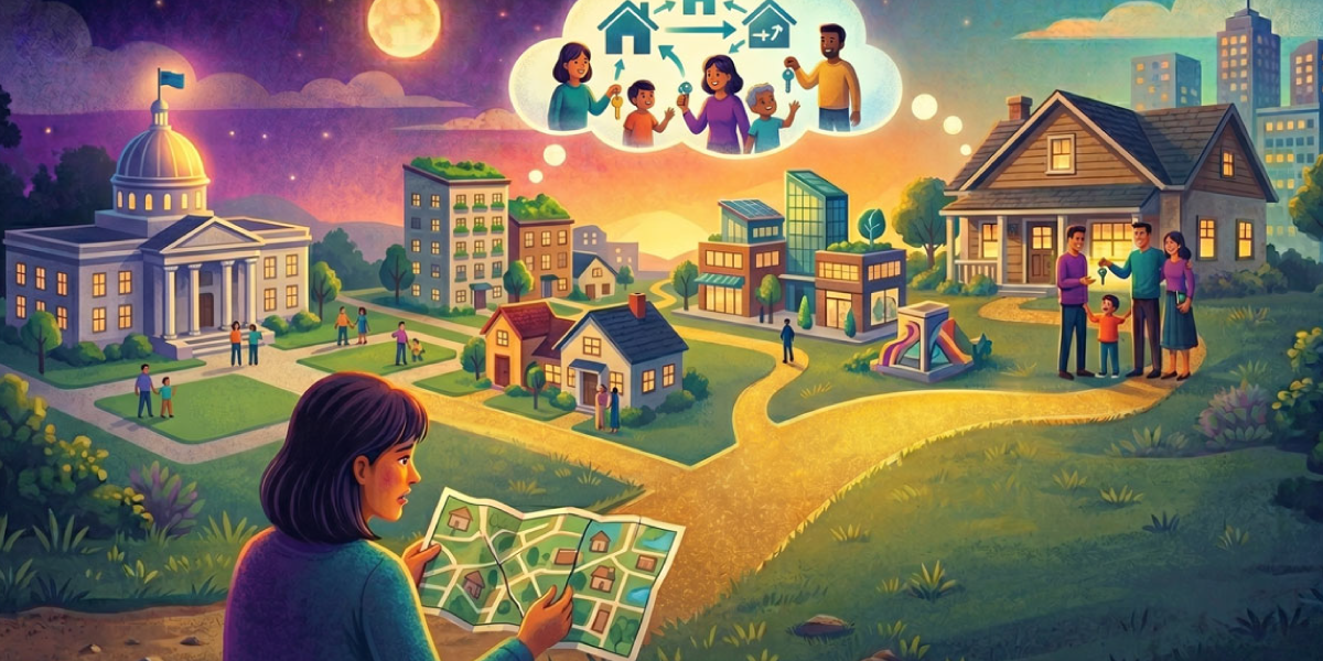 Ilustración de un barrio residencial donde una persona observa un mapa mientras imagina cómo familias, inversionistas, viviendas y políticas públicas se conectan para ampliar la oferta habitacional y facilitar el acceso a una vivienda digna.