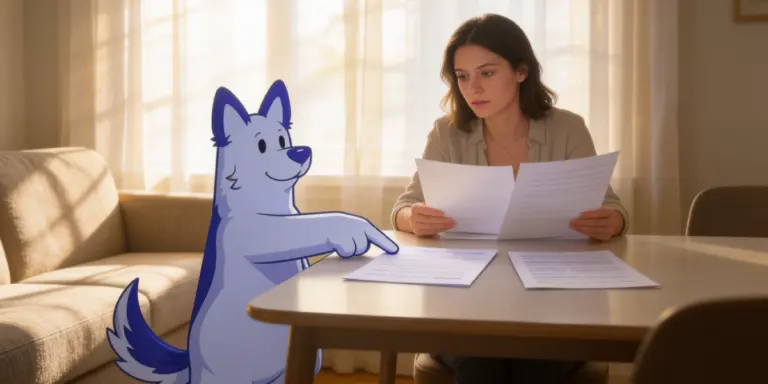 Persona revisando documentos sobre subsidios habitacionales junto a un asistente virtual ilustrado que le ayuda a comparar las opciones DS1 y DS19 para comprar una vivienda.