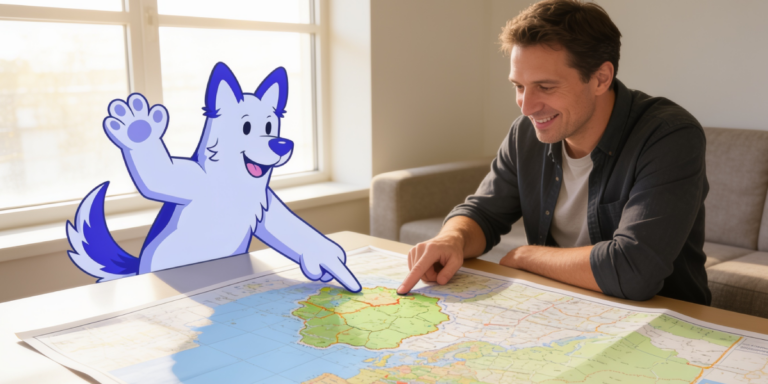 Persona revisando un mapa junto a un asistente virtual para evaluar la mejor ubicación de una propiedad y su potencial de plusvalía.