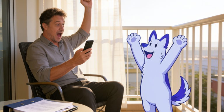 Persona celebrando tras recibir una aprobación en su teléfono móvil mientras un asistente virtual comparte su entusiasmo, representando una compra inmobiliaria preparada financieramente.