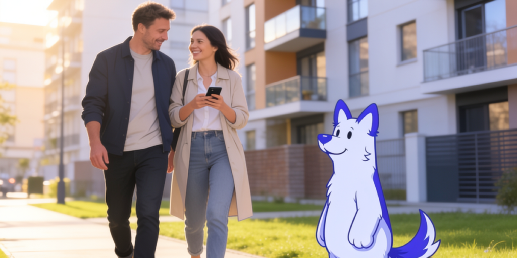 Pareja caminando frente a edificios residenciales junto a un personaje canino ilustrado de Enlace Inmobiliario.